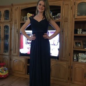 a blue full length dress